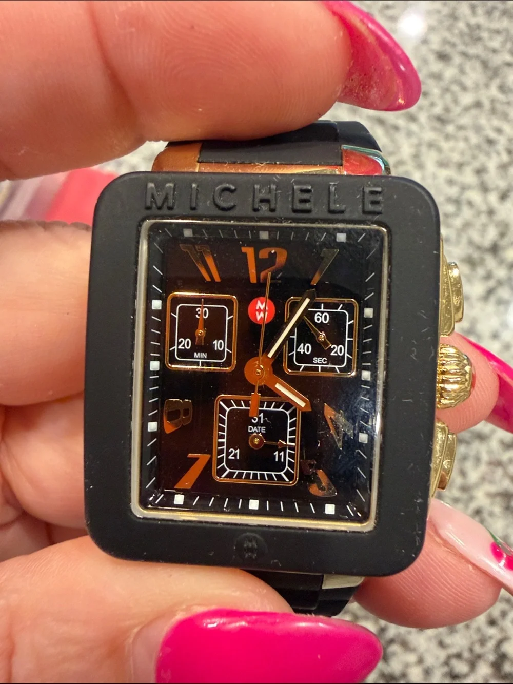 Michele Black Silicone Band Watch with Gold-Tone Square Case